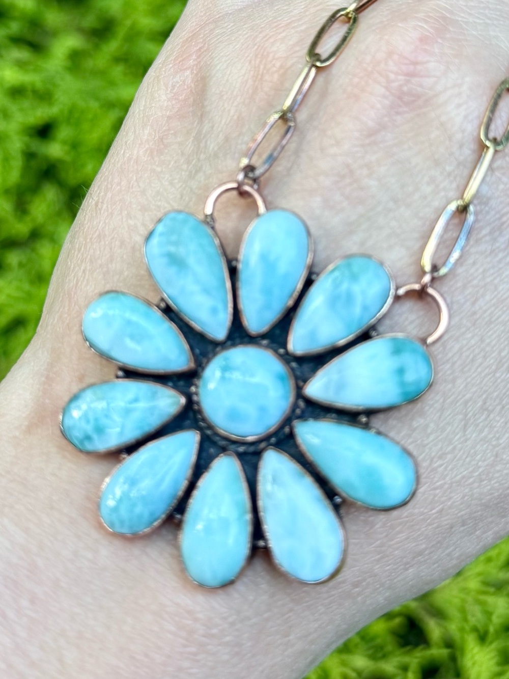 NL15 Genuine Dominican Larimar GIANT FLOWER Cluster RoseGoldTone Necklace/Choker